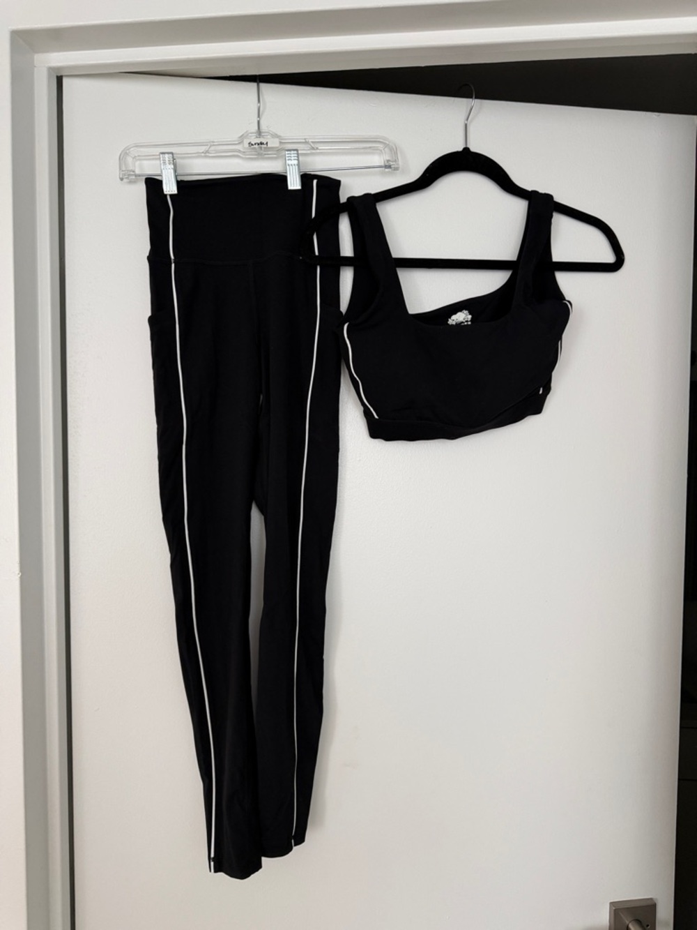 Roots Black High-Waist Leggings and Matching Sports Bra with White Piping